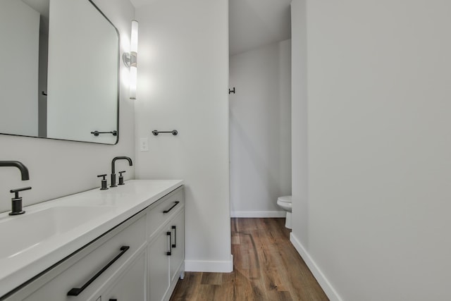 bathroom with wood finished floors, double vanity, toilet, a sink, and baseboards