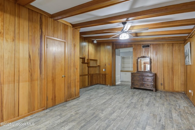 3413 42nd St, Lubbock, TX 79413 - unfurnished bedroom with beamed ceiling, wood finished floors, and wood walls