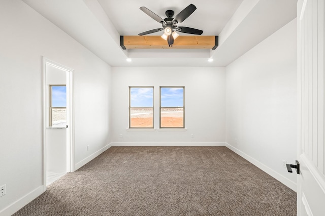 unfurnished room with carpet, plenty of natural light, ceiling fan, and a tray ceiling