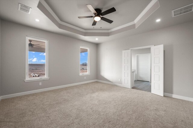 carpeted empty room featuring ornamental molding, a raised ceiling, and ceiling fan