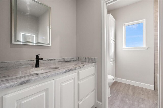 bathroom with vanity, hardwood / wood-style floors, and toilet