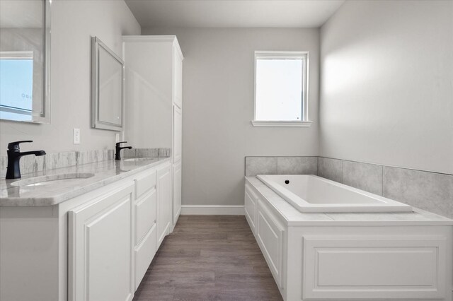 bathroom featuring vanity, wood-type flooring, and a tub