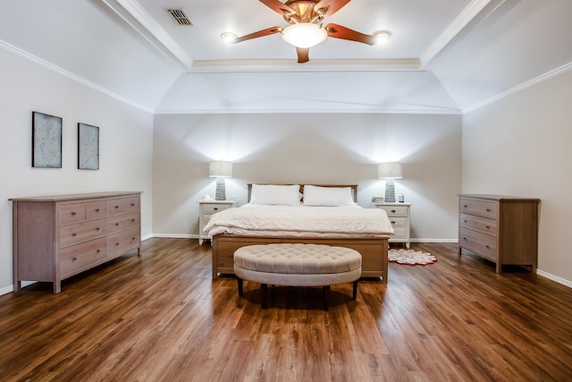 bedroom with ornamental molding, dark wood-type flooring, and ceiling fan