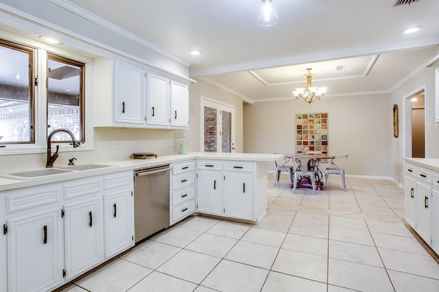 kitchen featuring sink, white cabinetry, decorative light fixtures, stainless steel dishwasher, and ornamental molding