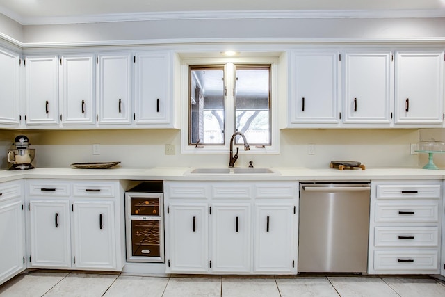 kitchen with white cabinetry, dishwasher, sink, and wine cooler