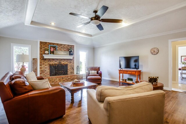 living room featuring a raised ceiling, hardwood / wood-style floors, and a textured ceiling