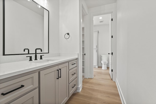 bathroom featuring vanity, wood-type flooring, and toilet