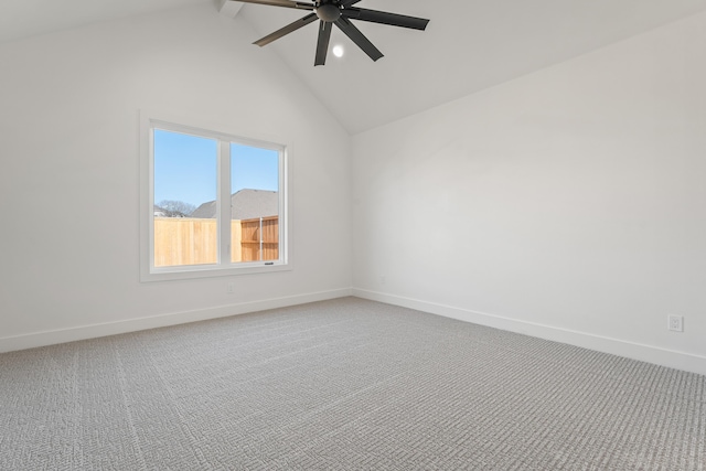 spare room featuring beamed ceiling, ceiling fan, carpet flooring, and high vaulted ceiling