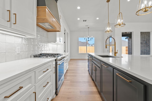 kitchen with white cabinetry, appliances with stainless steel finishes, sink, and custom exhaust hood