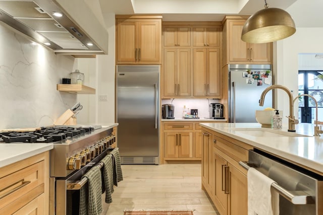 kitchen with sink, decorative light fixtures, light wood-type flooring, premium appliances, and range hood