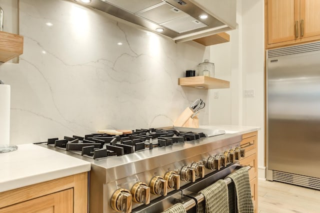 kitchen with high end appliances, backsplash, ventilation hood, and light wood-type flooring