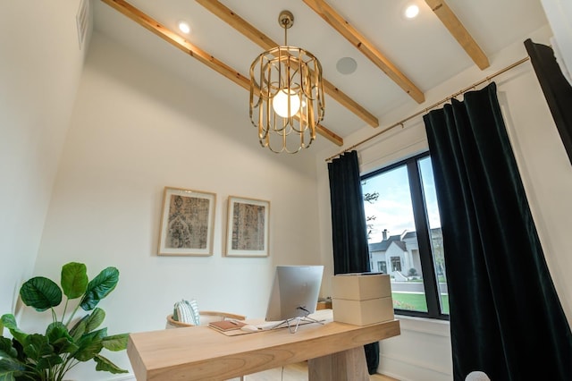 office space featuring beam ceiling and a notable chandelier