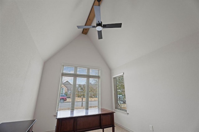 interior details featuring ceiling fan and beamed ceiling