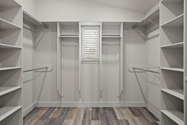 walk in closet with vaulted ceiling and wood finished floors