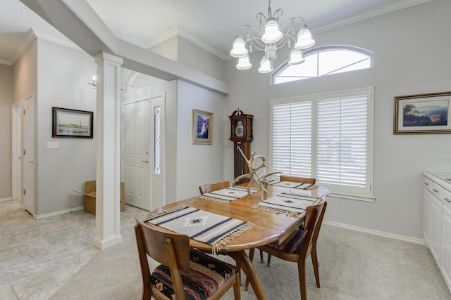 6910 Freeport Ave, Lubbock, TX 79424 - dining room with decorative columns, crown molding, a chandelier, plenty of natural light, and baseboards