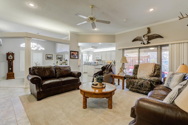 6910 Freeport Ave, Lubbock, TX 79424 - living room with ornate columns, a ceiling fan, crown molding, recessed lighting, and light tile patterned floors