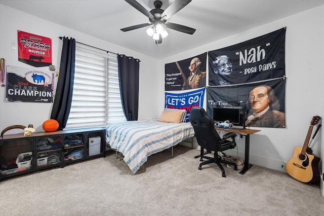 bedroom featuring carpet floors and ceiling fan