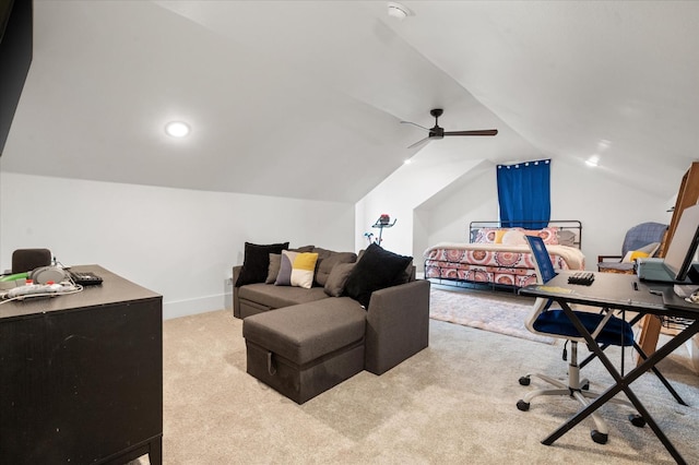 bedroom with lofted ceiling, light colored carpet, and ceiling fan