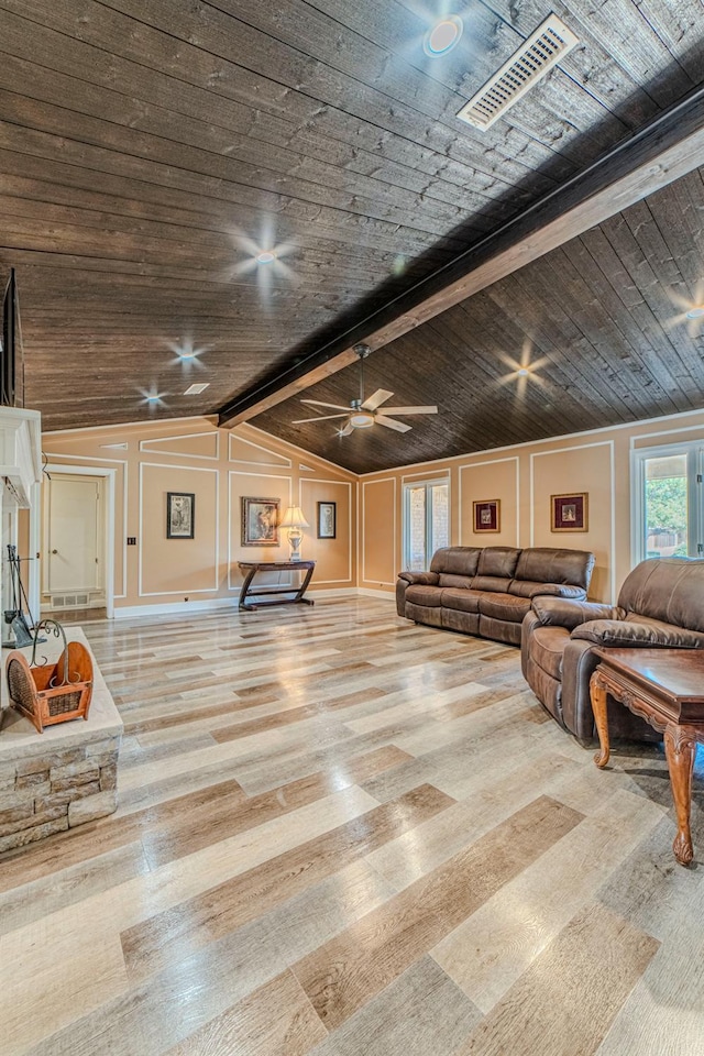 living room featuring ceiling fan, light hardwood / wood-style floors, lofted ceiling with beams, and wooden ceiling