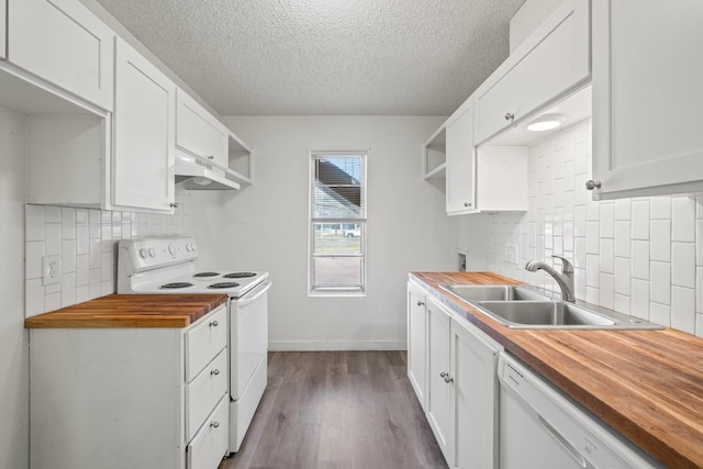 kitchen featuring sink, white appliances, wooden counters, white cabinetry, and dark hardwood / wood-style floors