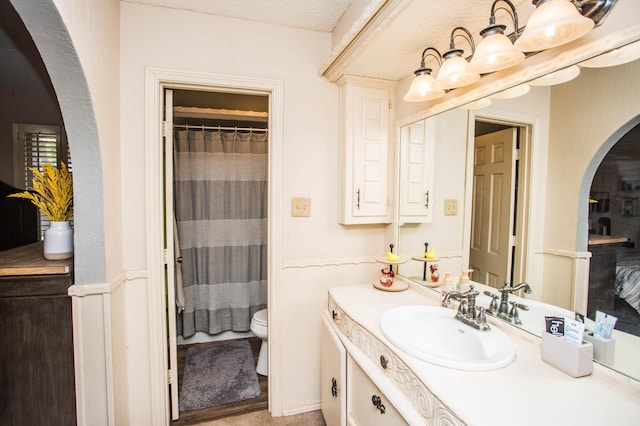 bathroom with toilet, vanity, a wainscoted wall, and a shower with curtain