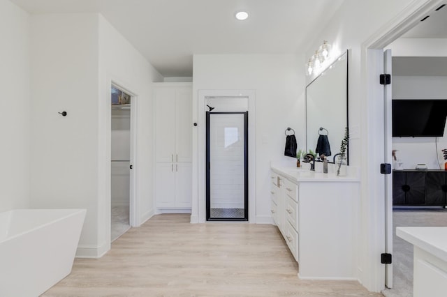 bathroom with vanity, separate shower and tub, and wood-type flooring