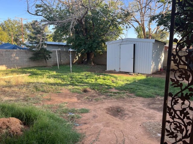 view of yard featuring a storage unit