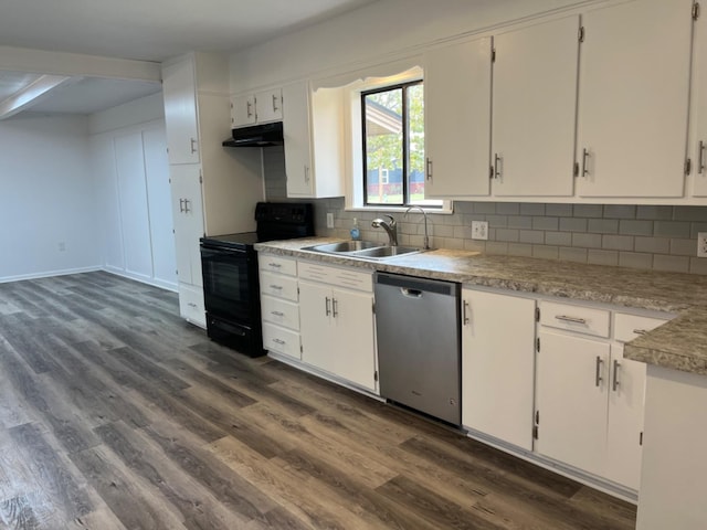 kitchen with black / electric stove, dishwasher, sink, and white cabinets