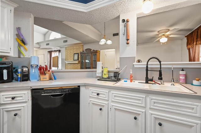 kitchen with sink, hanging light fixtures, black dishwasher, ceiling fan, and white cabinets