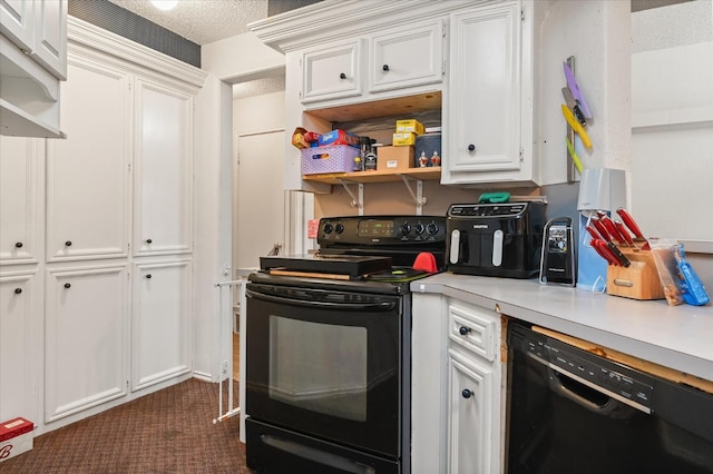 kitchen featuring white cabinetry, a textured ceiling, and black appliances