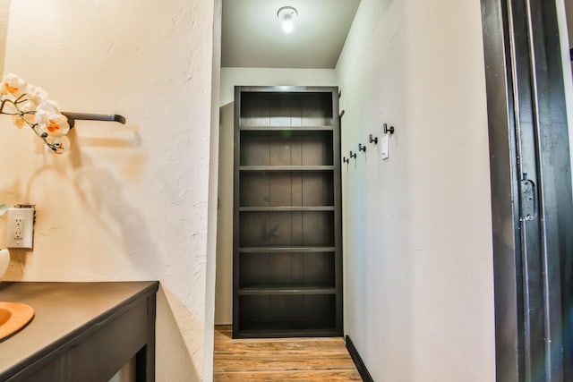 bathroom with vanity and wood-type flooring