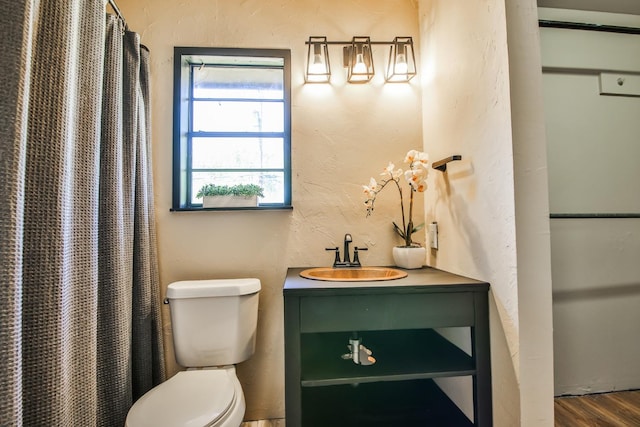 bathroom with wood-type flooring, toilet, curtained shower, and vanity