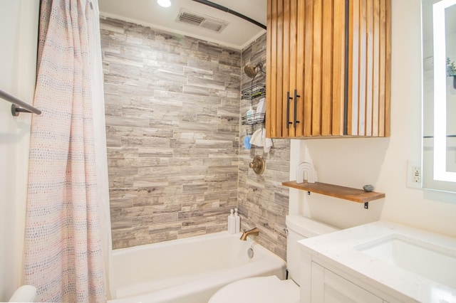 full bathroom with shower / bathtub combination with curtain, vanity, and toilet