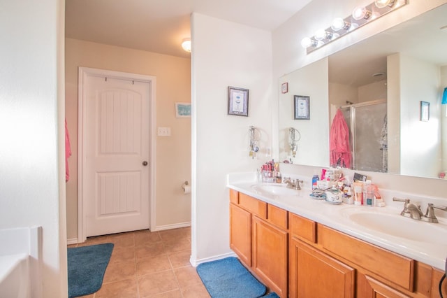 bathroom featuring tile patterned flooring, vanity, and independent shower and bath