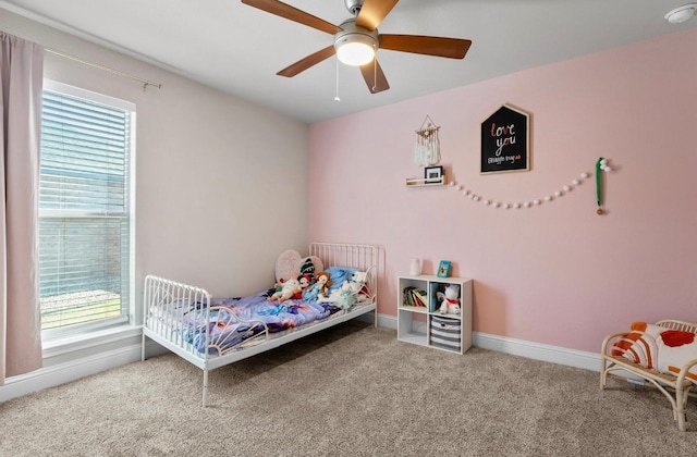 bedroom featuring carpet flooring and ceiling fan