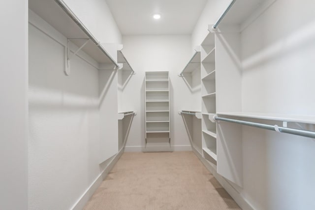 walk in closet with light colored carpet