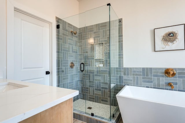 bathroom featuring vanity and separate shower and tub