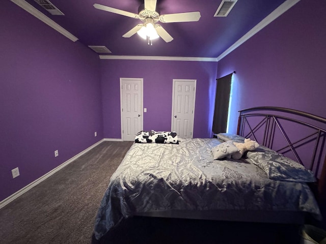 carpeted bedroom featuring crown molding and ceiling fan