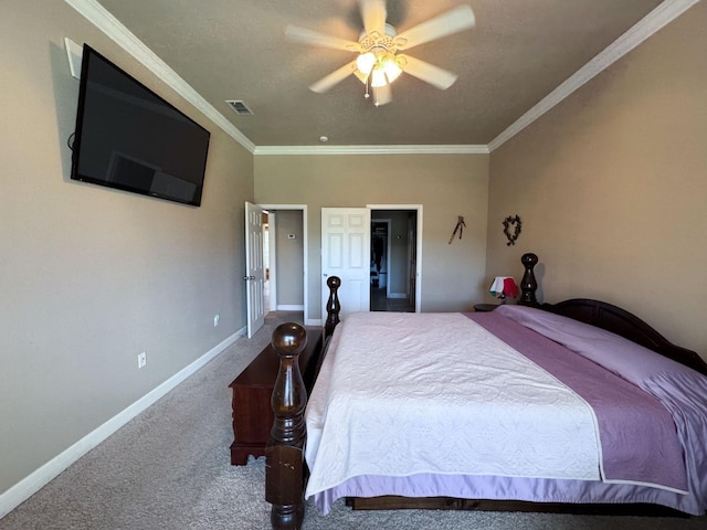 bedroom with ornamental molding, carpet flooring, and ceiling fan