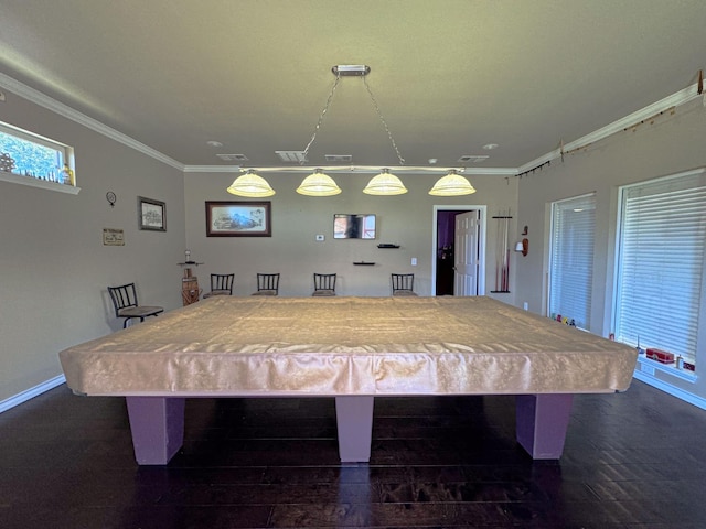 rec room with crown molding, dark hardwood / wood-style floors, and pool table