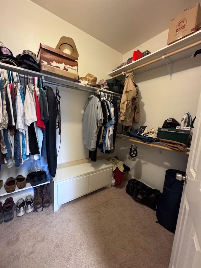 walk in closet featuring carpet flooring