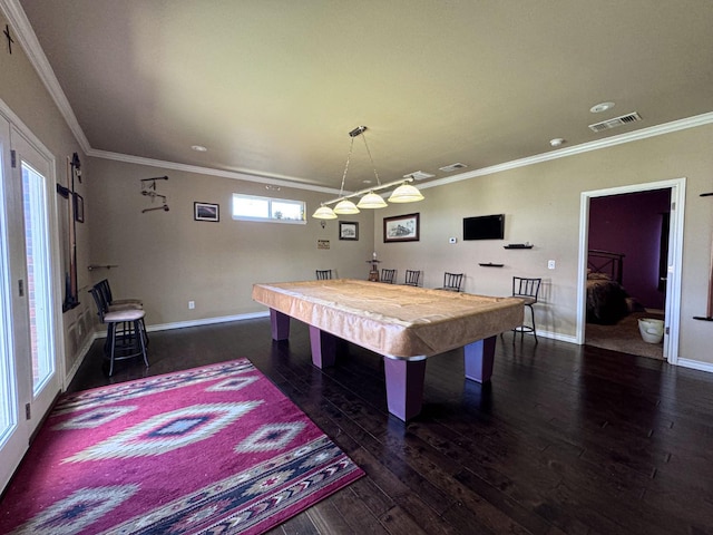 rec room featuring crown molding, pool table, and dark wood-type flooring