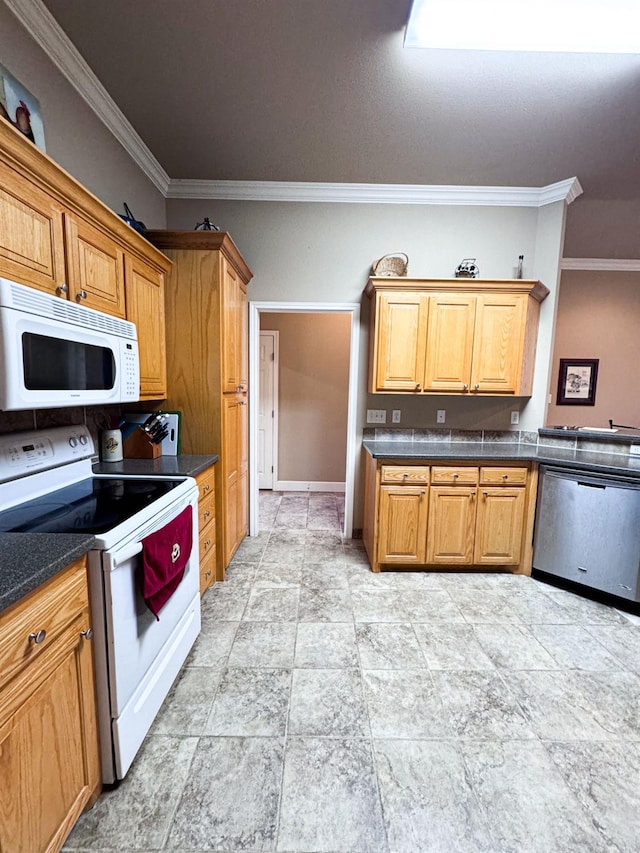 kitchen featuring ornamental molding and white appliances