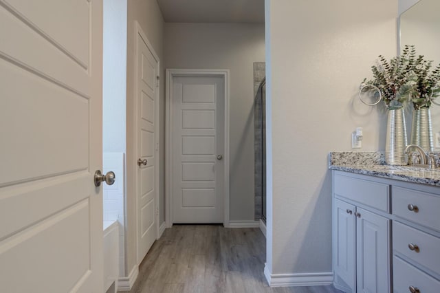 bathroom featuring hardwood / wood-style flooring, vanity, and independent shower and bath