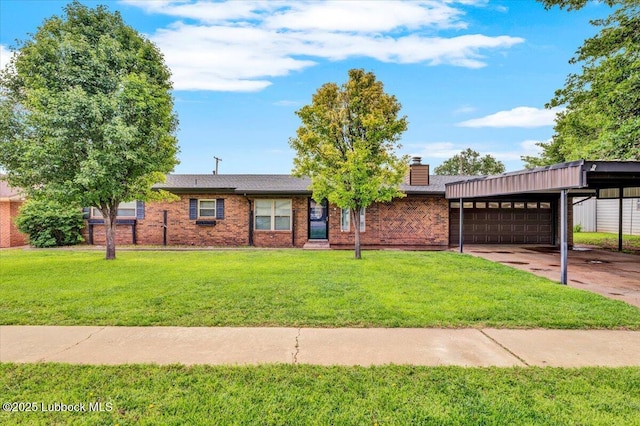 110 E 18th St, Littlefield, TX 79339 - view of front of property with an attached garage, a chimney, a front lawn, and brick siding