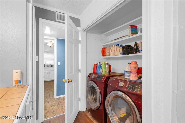 110 E 18th St, Littlefield, TX 79339 - washroom featuring separate washer and dryer, wood finished floors, crown molding, and a sink