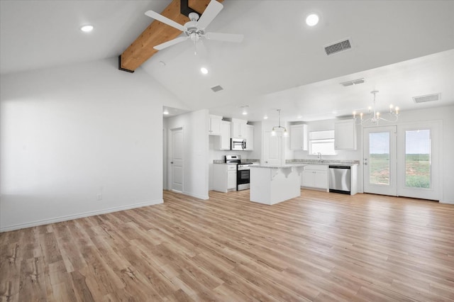 unfurnished living room with lofted ceiling with beams, sink, ceiling fan with notable chandelier, and light hardwood / wood-style flooring