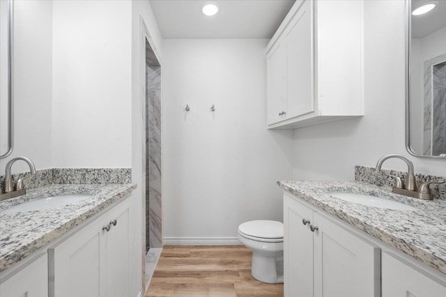 bathroom featuring wood-type flooring, toilet, and vanity