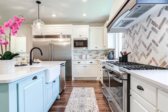 kitchen with decorative light fixtures, stainless steel appliances, dark hardwood / wood-style floors, and white cabinets