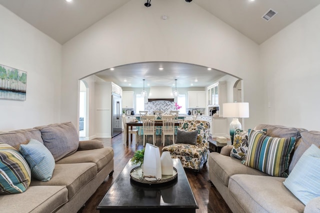 living room with high vaulted ceiling and dark hardwood / wood-style flooring